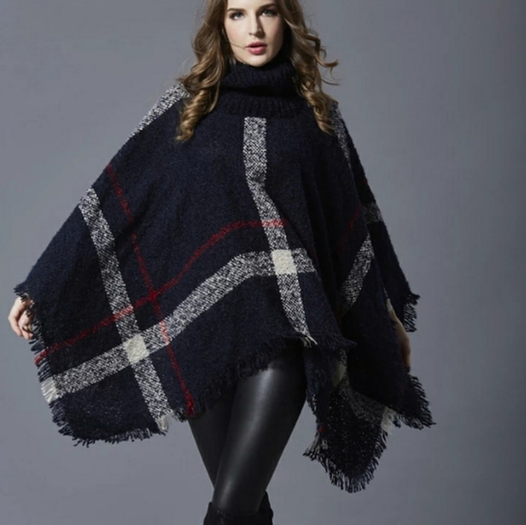 Sweaters - COZY PLAID PONCHO W/ TURTLENECK
